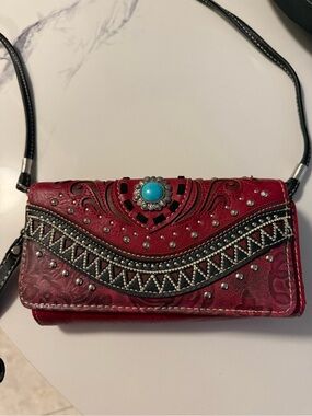 Red Turquoise Accent Leather Crossbody Wallet - Women Bags